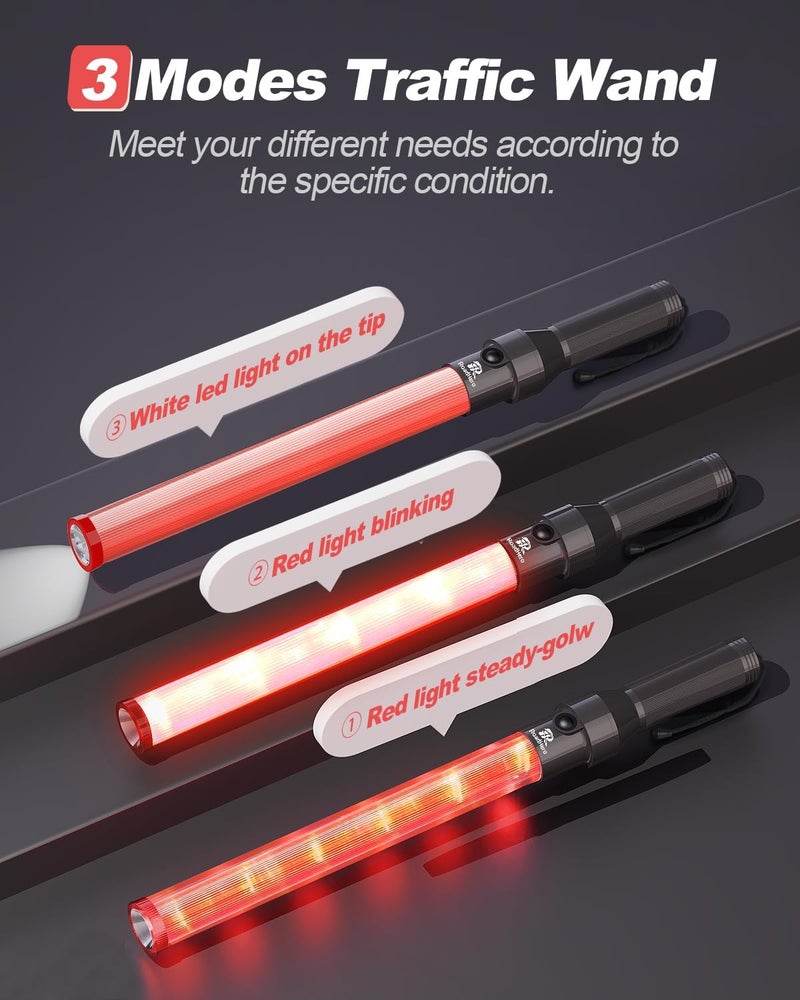 RoadHero 10 Pack Traffic Wand, 21 Inch Led Traffic Control Baton, Night Safety Light Wands with 3 Flashing Modes, Air Marshaling Signal Wand Plus White LED on Tip for Airport, Parking, Car Directing - Image 4